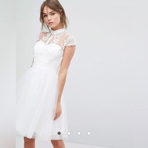 Chi Chi London white floral lace tulle collared dress